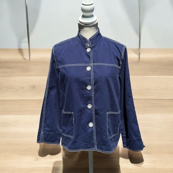 🌻Drapers & Damons Navy Blue White Stitching Lightweight Jacket Size Petite L - Picture 1 of 9